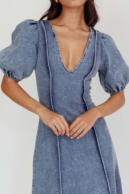 Morgane Puff Sleeve V-Neck Midi Dress Light Denim Blue