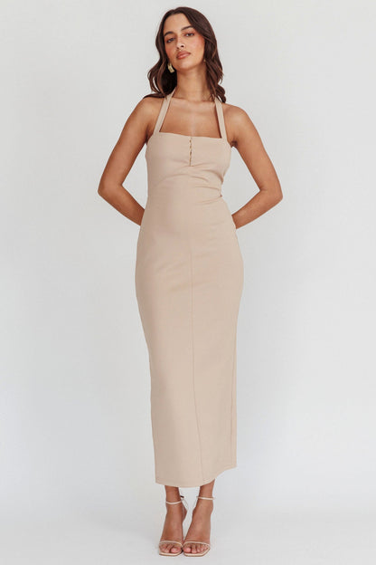 Goldfoil Halter Neck Maxi Dress Ecru