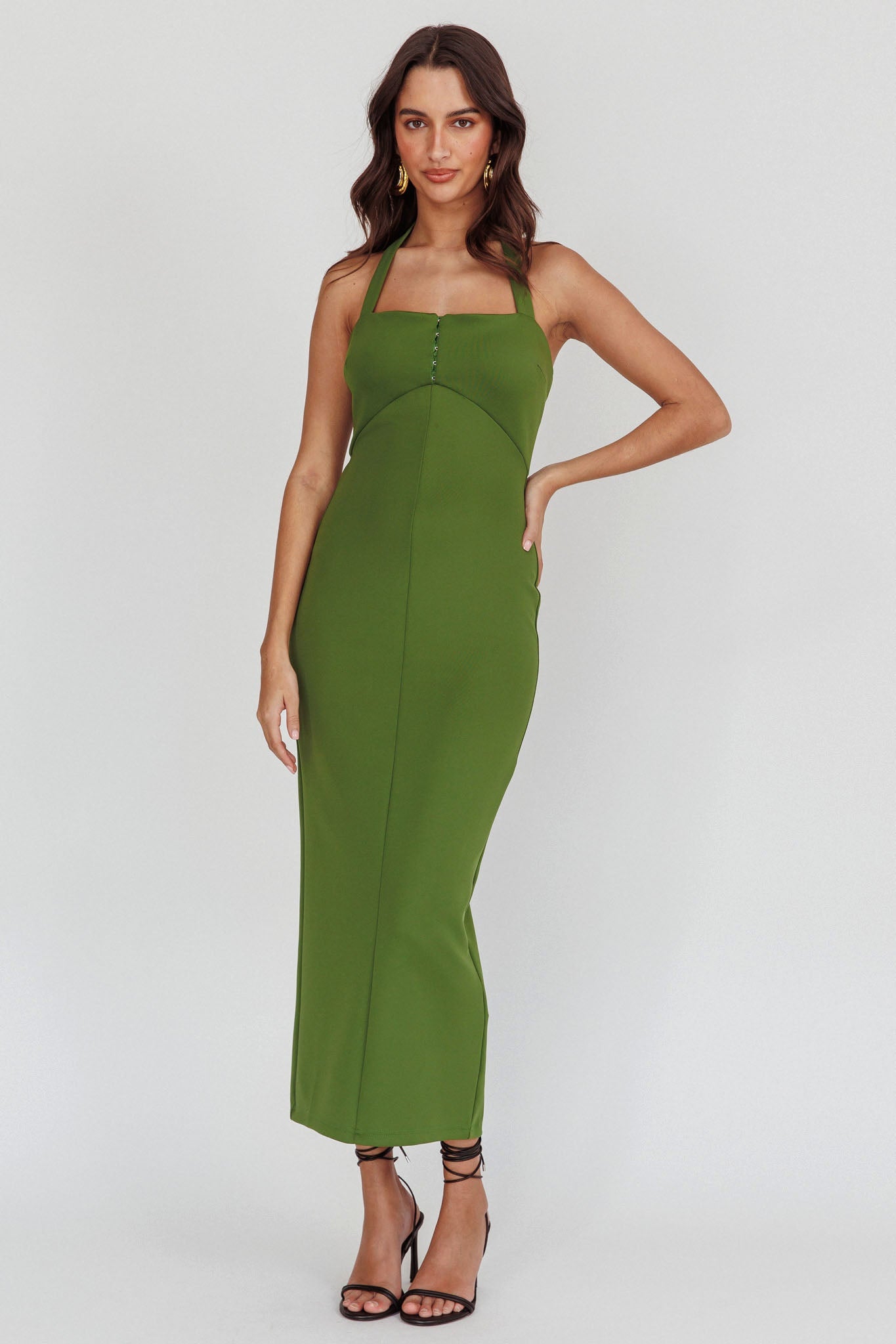 Goldfoil Halter Neck Maxi Dress Olive
