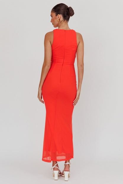 Piece Of Heaven Sleeveless Keyhole Mesh Maxi Dress Red