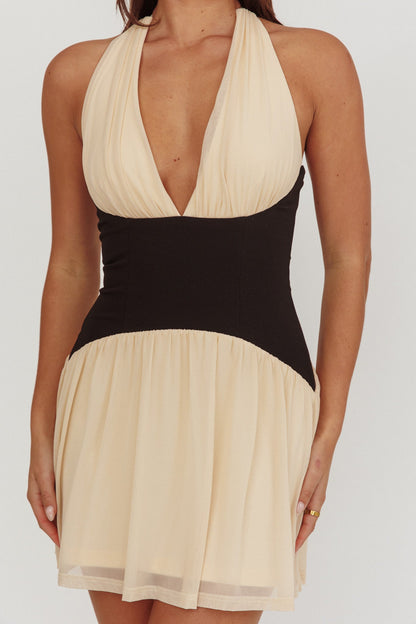 Milos Contrast Halter Mini Dress Cream