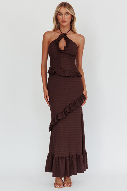 Clemence Smocked Frill Trim Maxi Dress Chocolate
