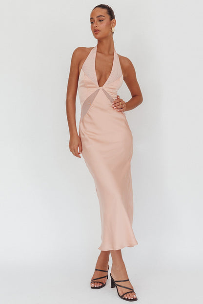 Kasi Sheer Panel Halter Maxi Dress Rose