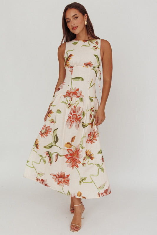 Audraya Drop Waist Maxi Dress Floral Beige