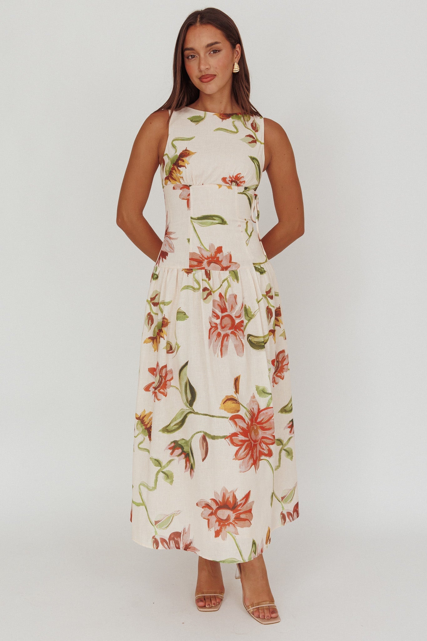 Audraya Drop Waist Maxi Dress Floral Beige