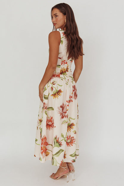 Audraya Drop Waist Maxi Dress Floral Beige