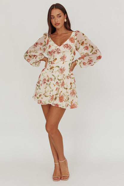 Lucky One Balloon Sleeve Mini Dress Floral Beige