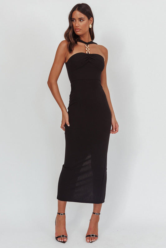Maretha Gold Link Neckline Maxi Dress Black