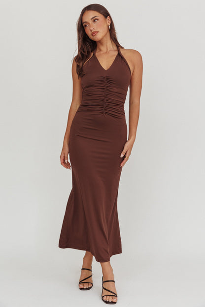 Mixed Feelings Ruched Bodice Halter Maxi Dress Chocolate