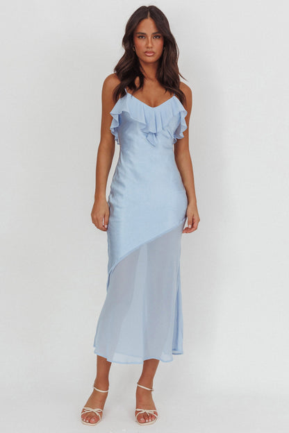 Talula Sheer Hem Ruffle Midi Dress Blue