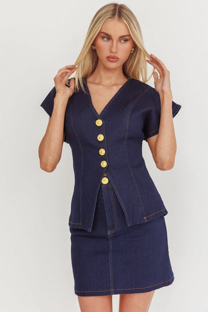 Over It Short Gold Button Mini Skirt Denim