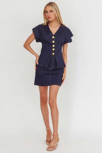 Over It Short Gold Button Mini Skirt Denim