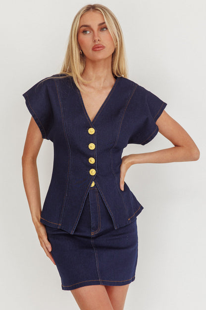 Over It Short Gold Button Mini Skirt Denim