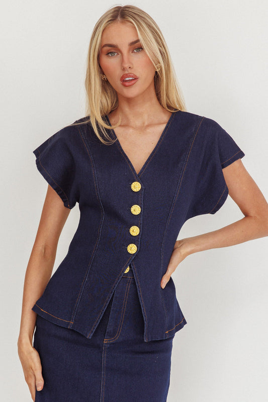 Over It Short Sleeve Button Top Denim