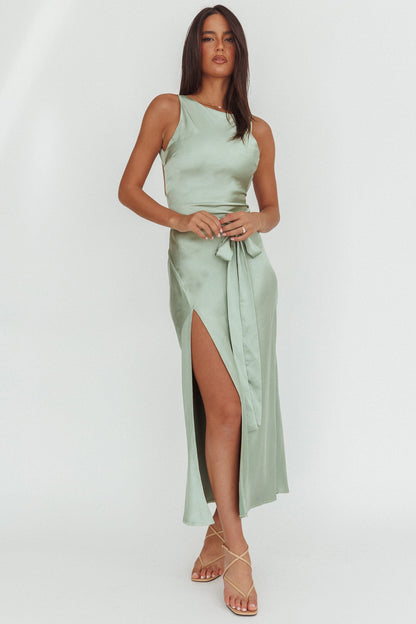 Standing By Backless Waist Tie Maxi Dress Sage