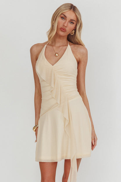 Belize Nights Ruffle Trim Halter Neckline Mini Dress Butter