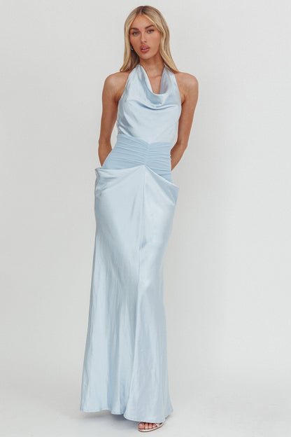 Zynthia Cowl Neck Ruched Waist Maxi Dress Ice Blue