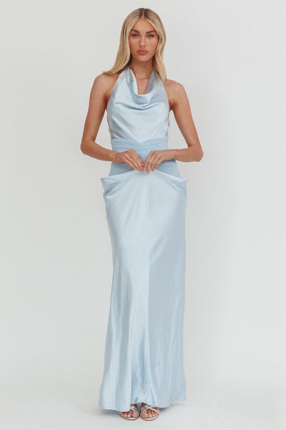 Zynthia Cowl Neck Ruched Waist Maxi Dress Ice Blue