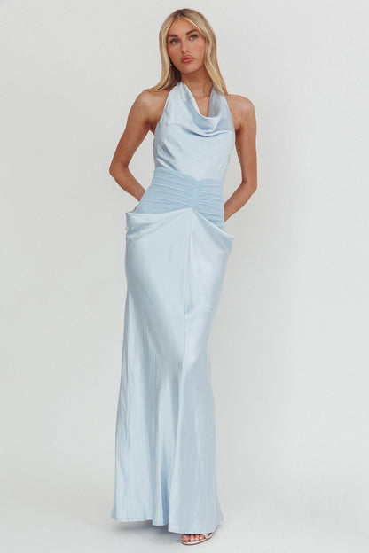 Zynthia Cowl Neck Ruched Waist Maxi Dress Ice Blue