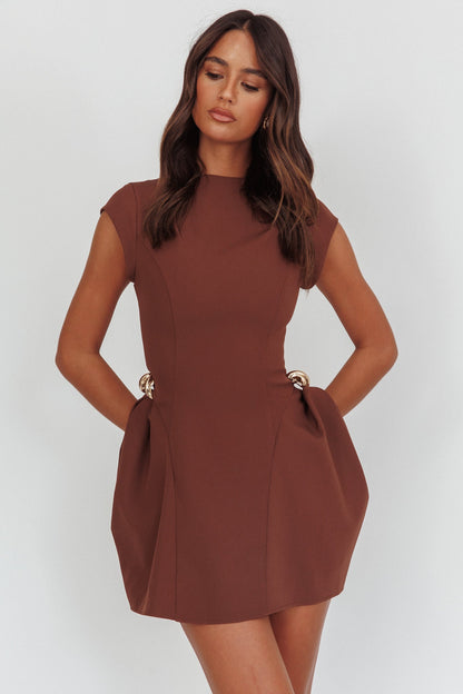 Girl Talks Cap Sleeve Puff Skirt Mini Dress Chocolate