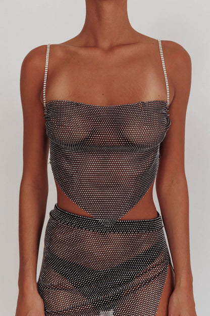 Eden Nights Diamante Mesh Top Black