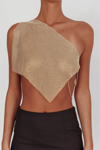 Sun Dial One Shoulder Diamante Top Gold
