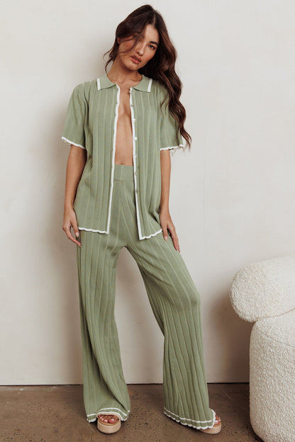 Liloh Contrast Ribbed Wide Leg Pant Sage