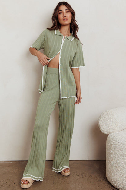 Liloh Contrast Ribbed Wide Leg Pant Sage