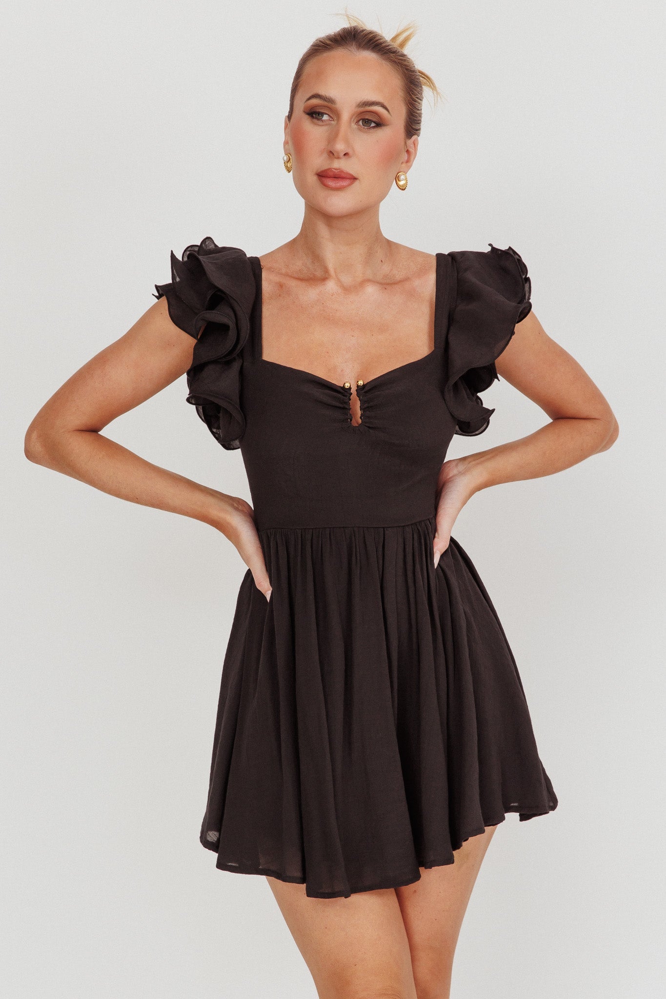 Sunday Dreams Ruffle Strap Mini Dress Black