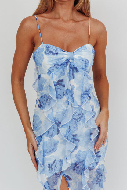 Frannie Vertical Ruffle Maxi Dress Floral Blue