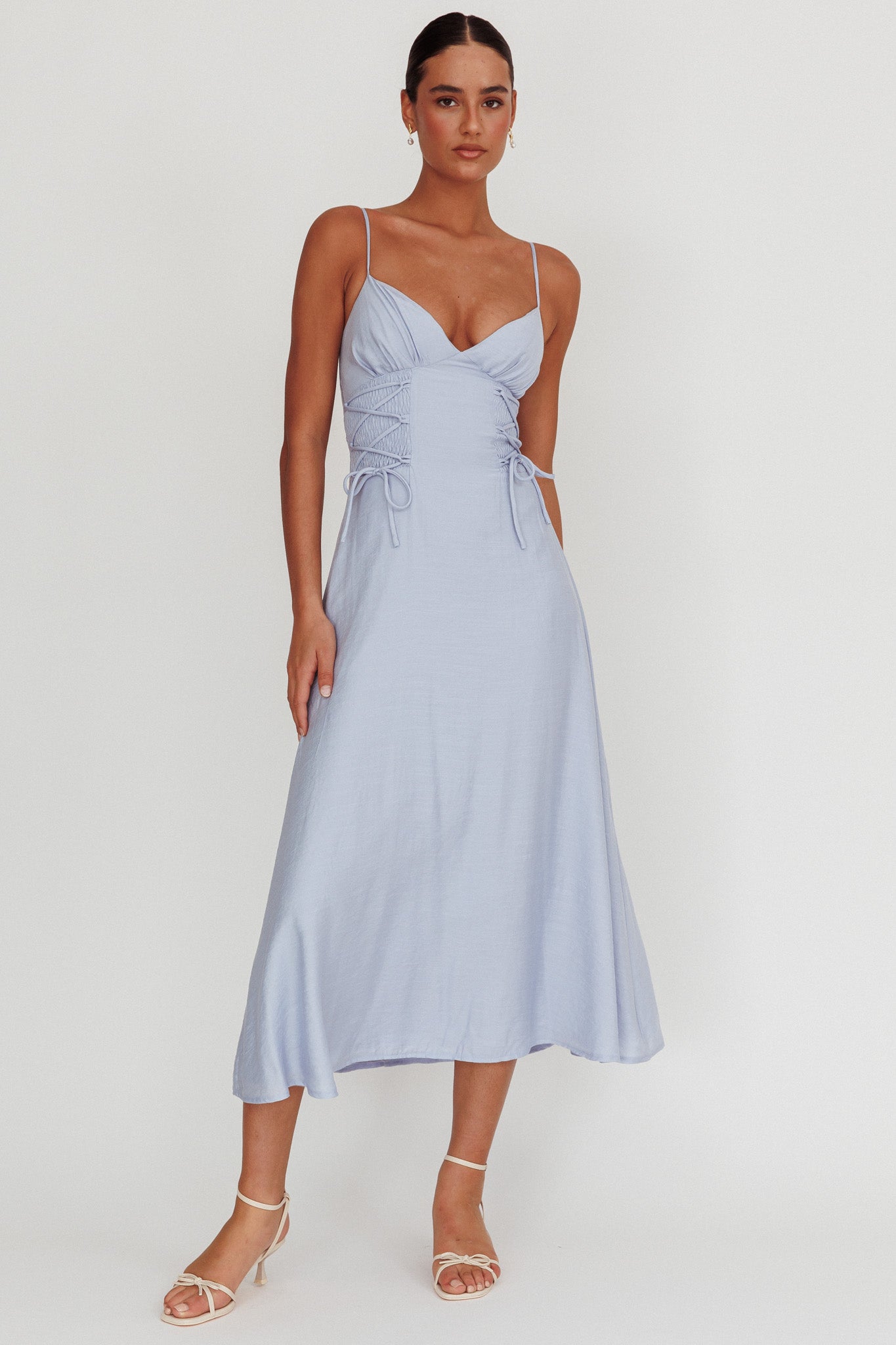 Kalaya Lace-Up Waist Midi Dress Light Blue
