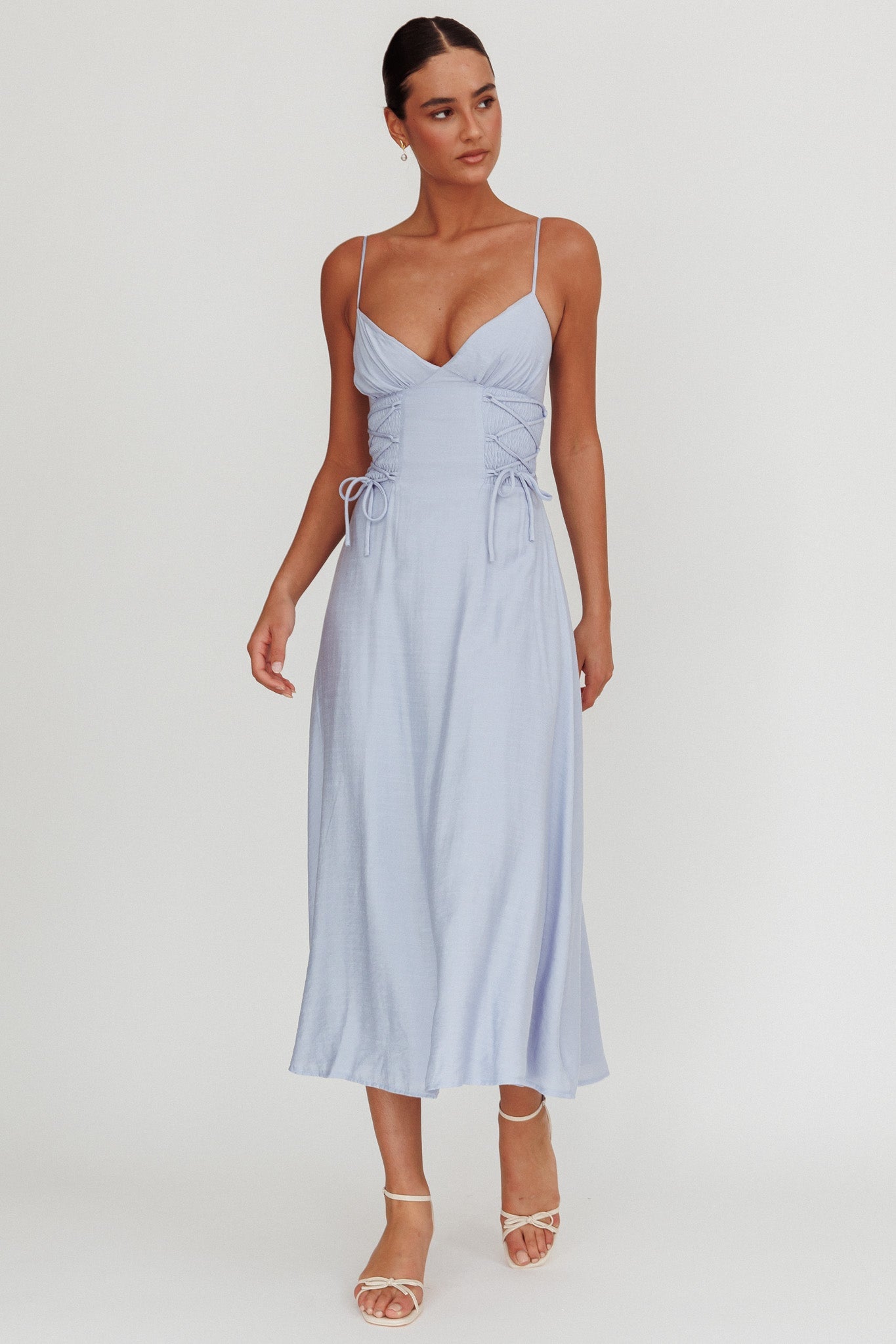 Kalaya Lace-Up Waist Midi Dress Light Blue