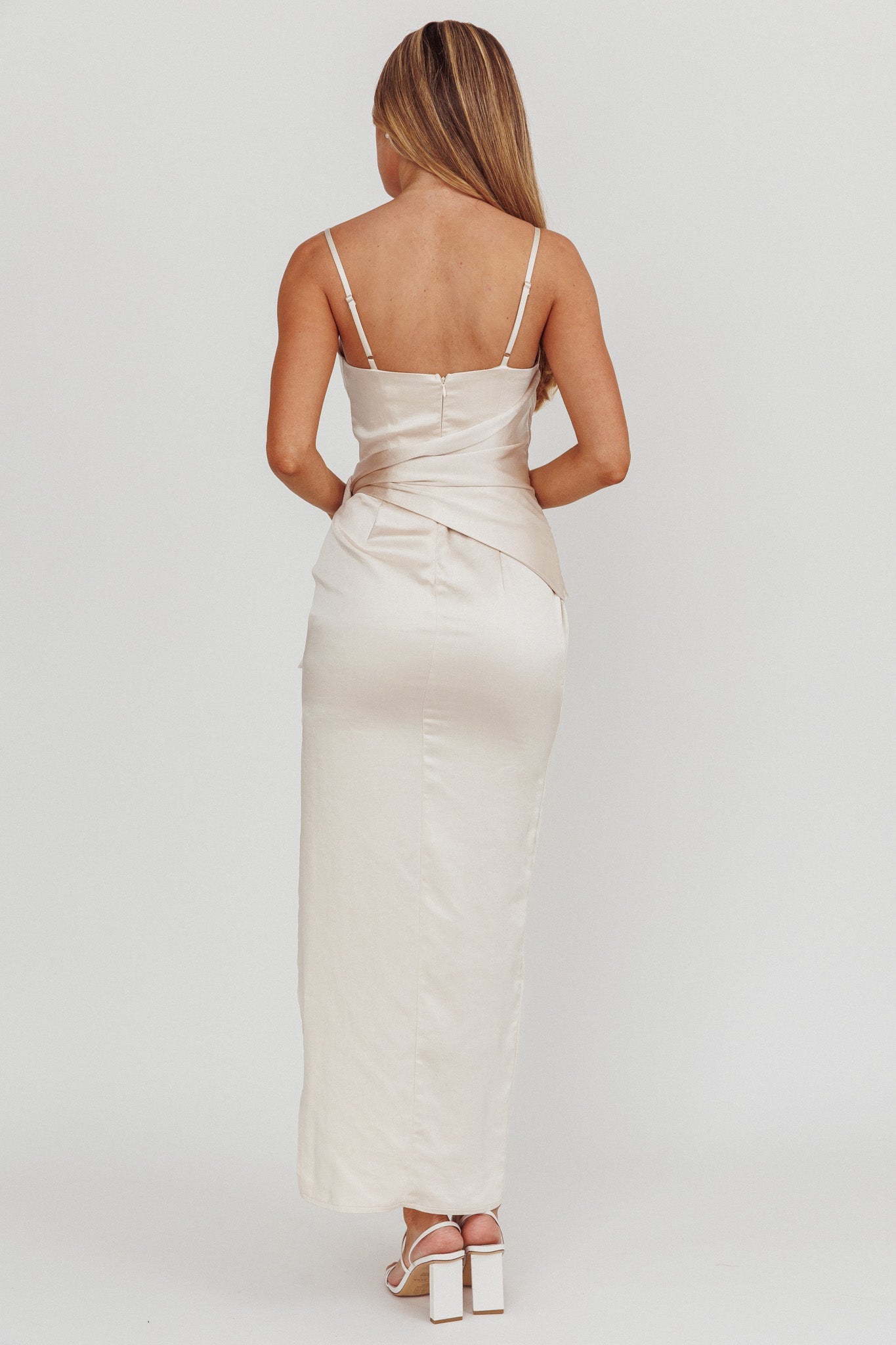 Celestine Waist Tie Satin Maxi Dress Light Champagne