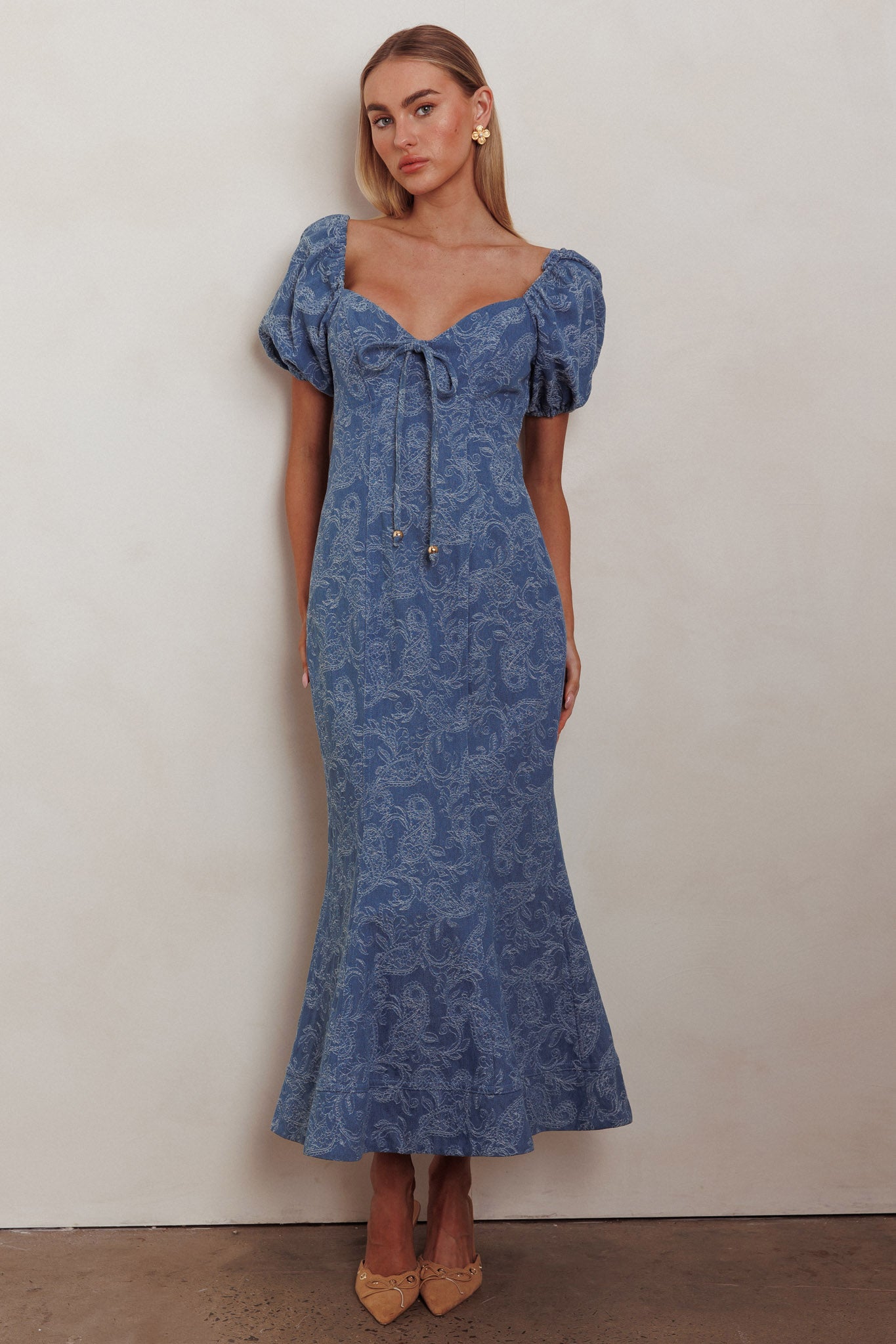 Feeling Electric Puff Sleeves Mermaid Maxi Dress Denim Blue