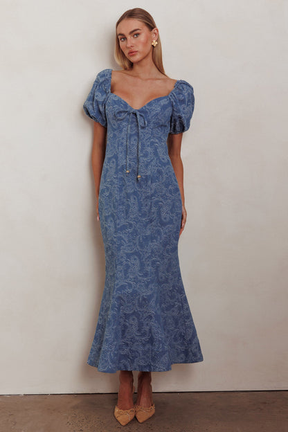 Feeling Electric Puff Sleeves Mermaid Maxi Dress Denim Blue