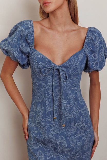 Feeling Electric Puff Sleeves Mermaid Maxi Dress Denim Blue