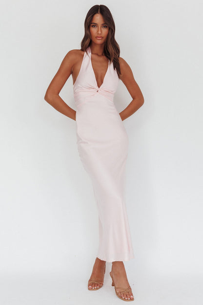 Devotion Twist Bust Halter Maxi Dress Baby Pink