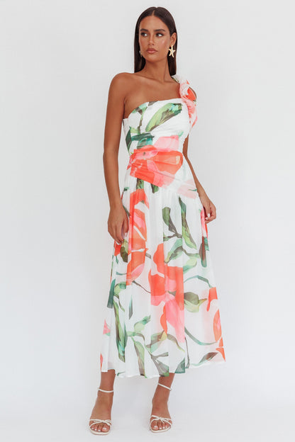 Kinley One-Shoulder Ruffle Maxi Dress Floral Red