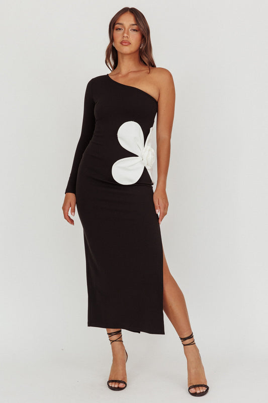 No Competition One-Shoulder Oversized Flower Maxi Dress Black