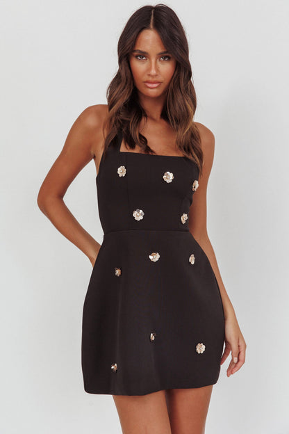 Hendrix Halterneck A-Line Mini Dress Sequin Flower Black