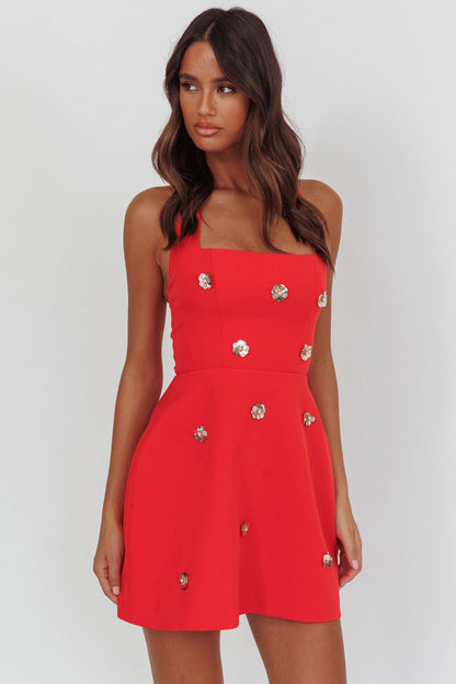 Hendrix Halterneck A-Line Mini Dress Sequin Flower Red