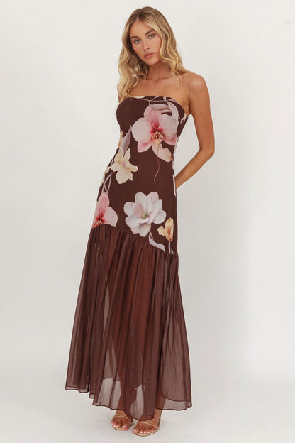 Wilma Sheer Hem Strapless Midi Dress Orchids Brown