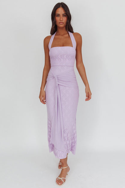 Luli Waist Sash Halter Maxi Dress Lace Lilac