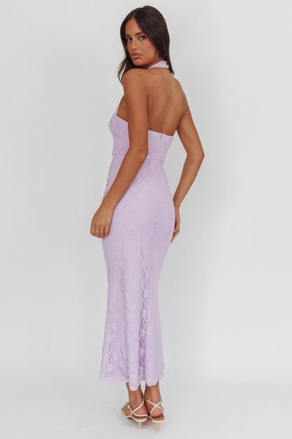 Luli Waist Sash Halter Maxi Dress Lace Lilac