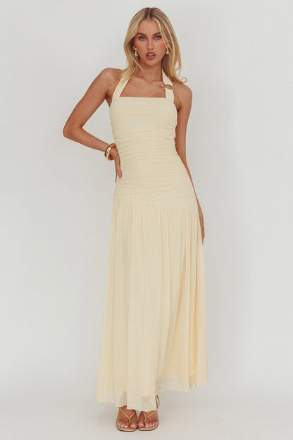 Azure Sun Halterneck Drop Waist Maxi Dress Yellow