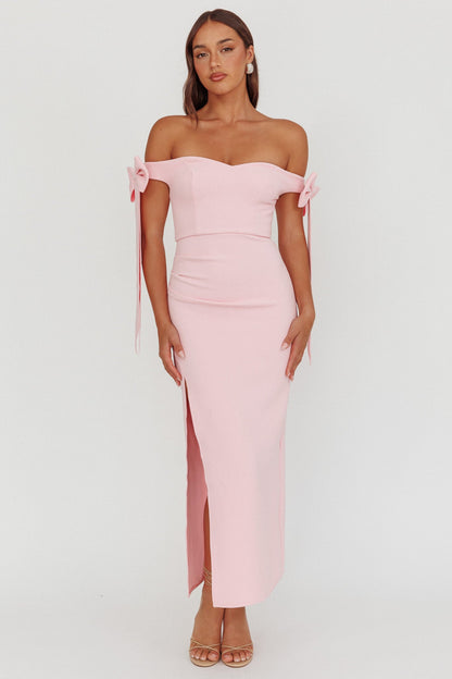 Have Faith Off-Shoulder Bow Sleeve Maxi Dress Baby Pink