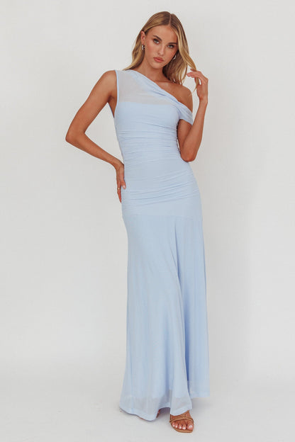 Lylah Asymmetric Neckline Mesh Maxi Dress Ice Blue