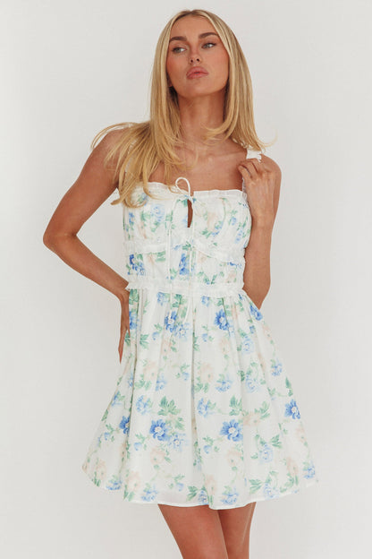 Jordanne Frill Trim Mini Dress Floral Blue