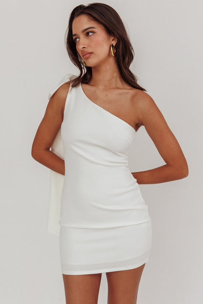 Earned It One Shoulder Bow Mini Dress Ivory