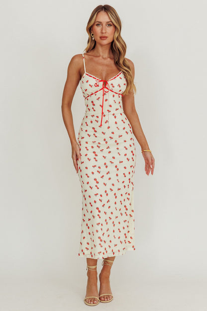 Heart Ablaze Strawberry Cherry Print Midi Dress Cream